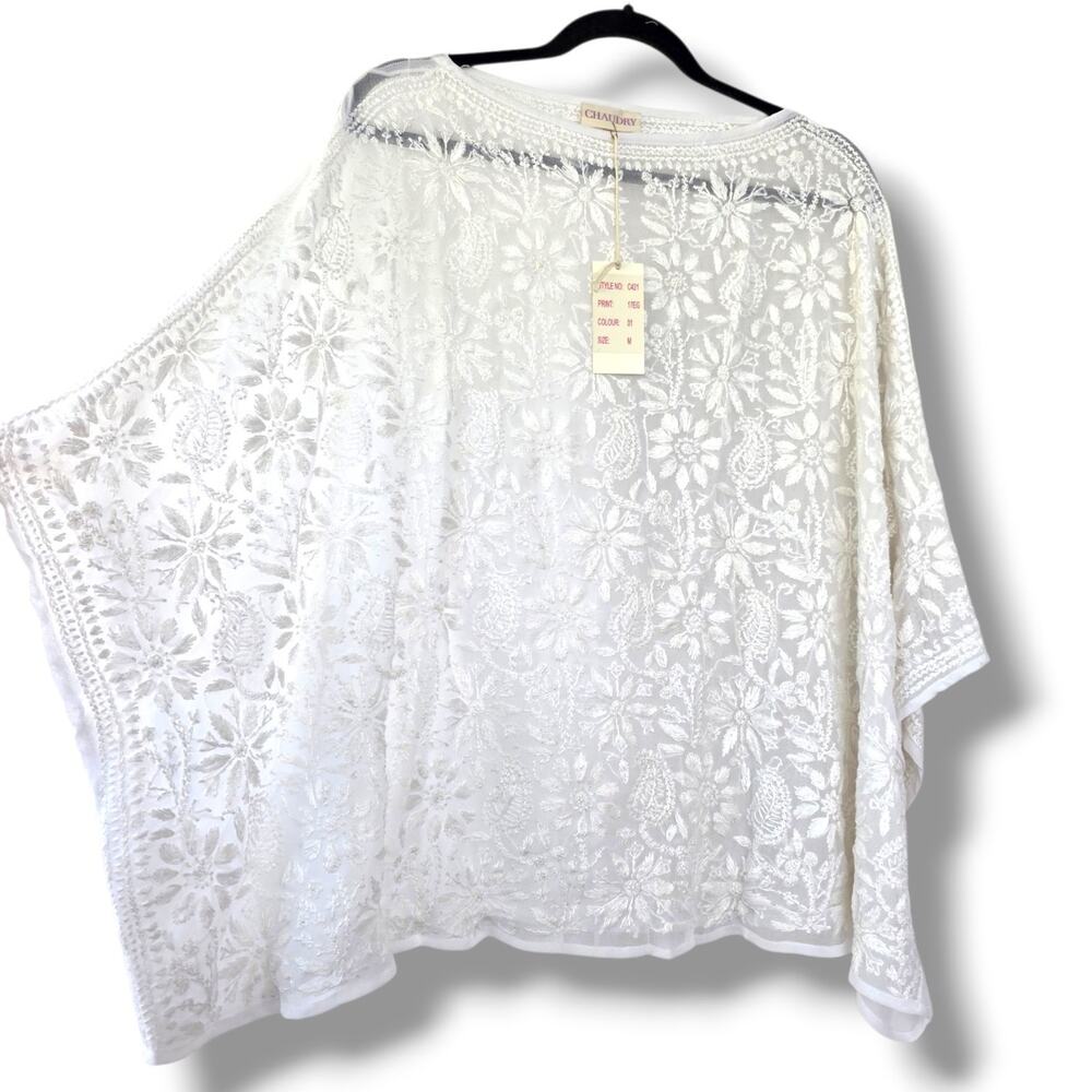 Chaudry kaftan Tunic Top Cover-Up Heavy embroidery White Semi Sheer Size M NWT